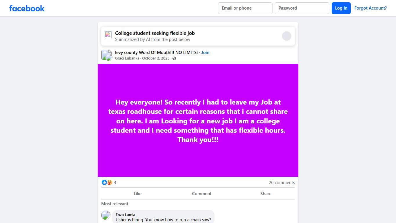 levy county Word Of Mouth!!! NO LIMITS! Hey everyone! So recently I had to leave my Job at texas roadhouse for certain reasons that i cannot share on here Facebook